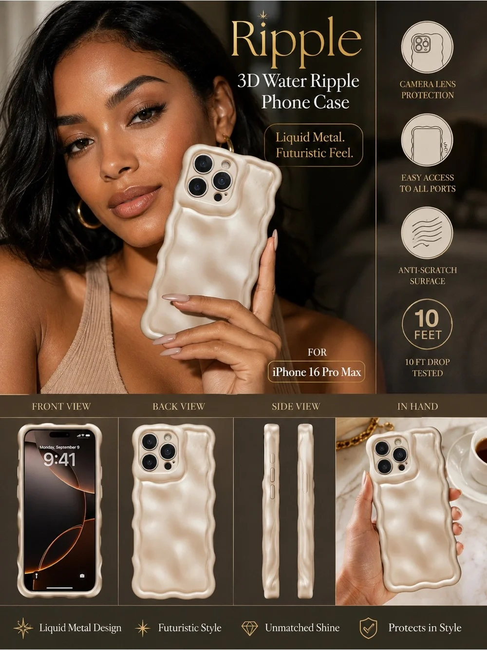Ripple 3D Water Ripple Phone Case for iPhone 16 Pro Max - Pearl White